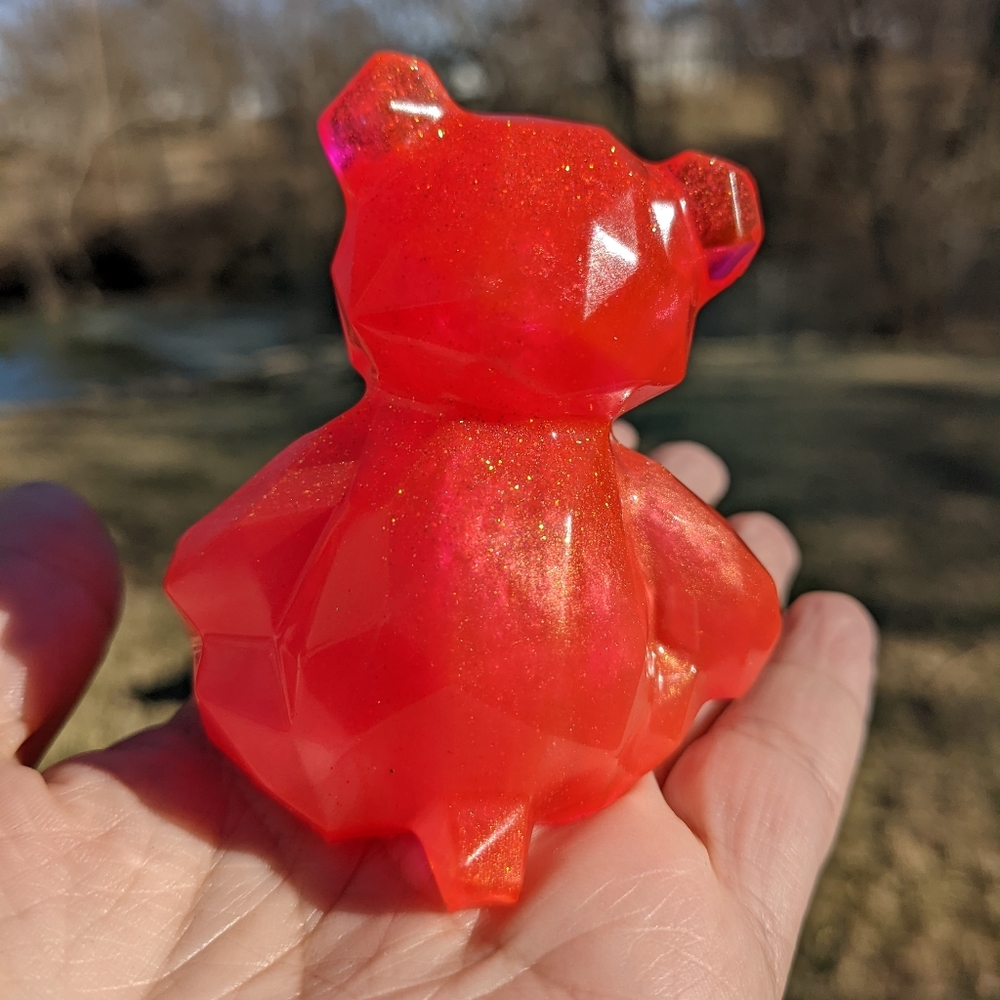 Sparkly Teddy Bear Sunset Pink Gold Shiny Resin Art Artisan Handmade - Picture 8 of 10